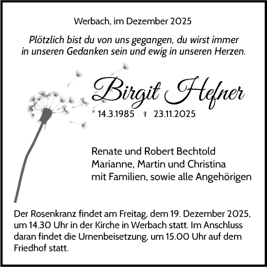 Traueranzeige von Birgit Hefner von Fränkische Nachrichten