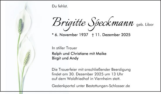Traueranzeige von Brigitte Speckmann von Mannheimer Morgen