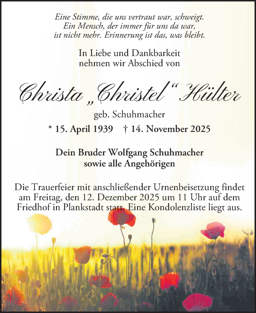  Traueranzeige für Christa Hülter vom 06.12.2025 aus Schwetzinger Zeitung