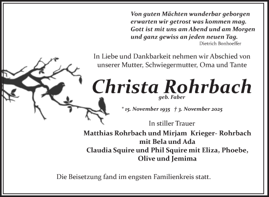 Traueranzeige von Christa Rohrbach von Schwetzinger Zeitung