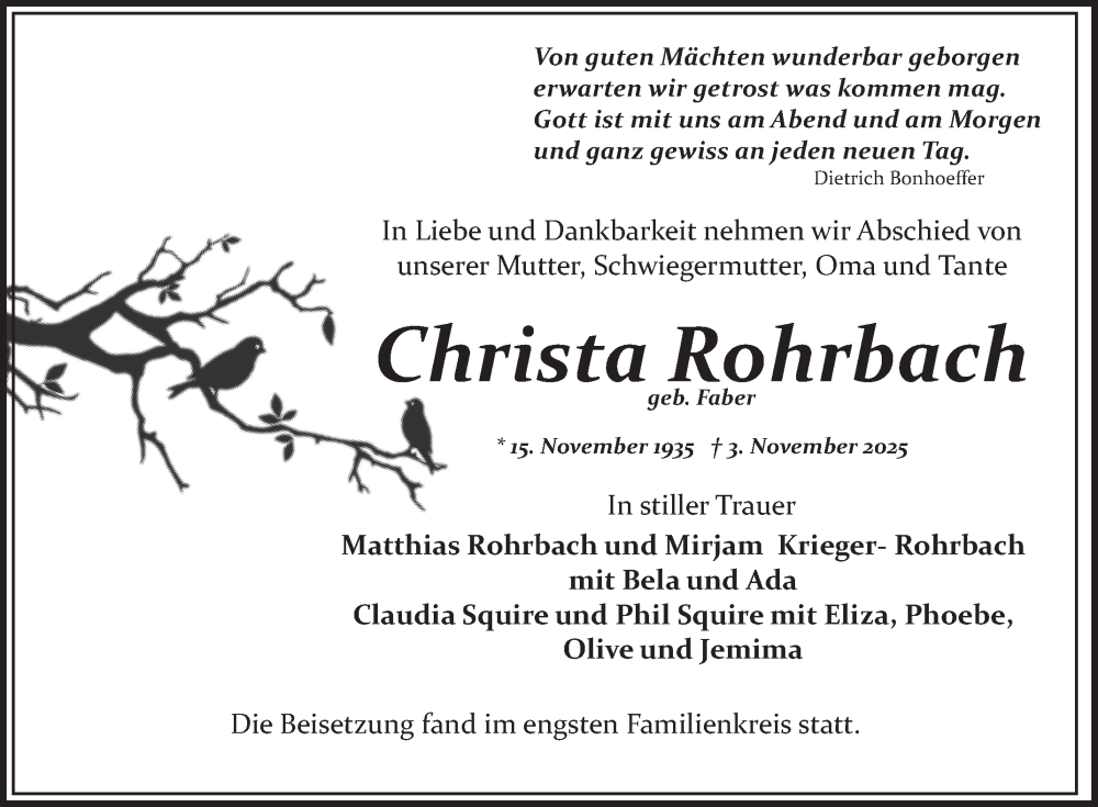  Traueranzeige für Christa Rohrbach vom 06.12.2025 aus Schwetzinger Zeitung