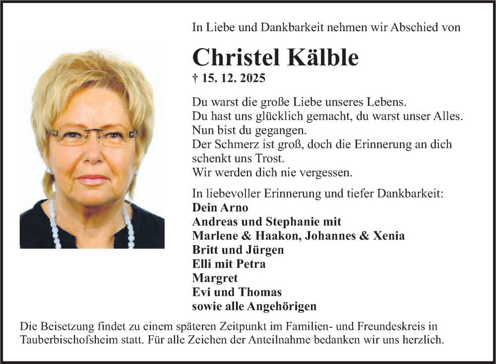  Traueranzeige für Christel Kälble vom 20.12.2025 aus Fränkische Nachrichten