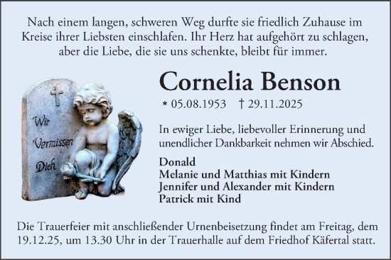 Traueranzeige von Cornelia Benson von Mannheimer Morgen