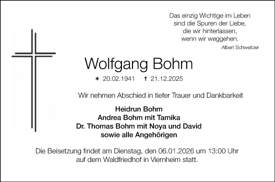 Traueranzeige von Wolfgang Bohm von Südhessen Morgen