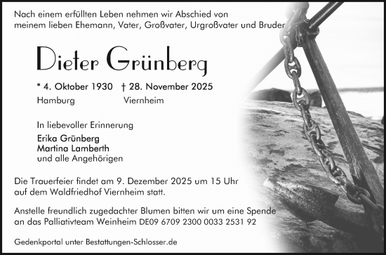 Traueranzeige von Dieter Grünberg von Mannheimer Morgen