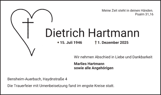 Traueranzeige von Dietrich Hartmann von Bergsträßer Anzeiger