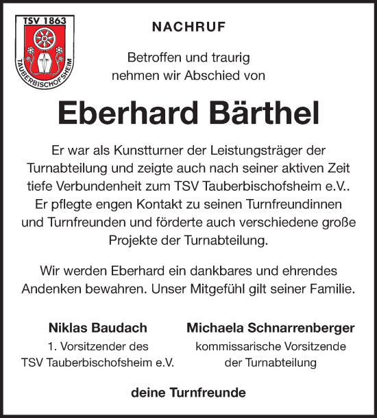Traueranzeige von Eberhard Bärthel von Fränkische Nachrichten