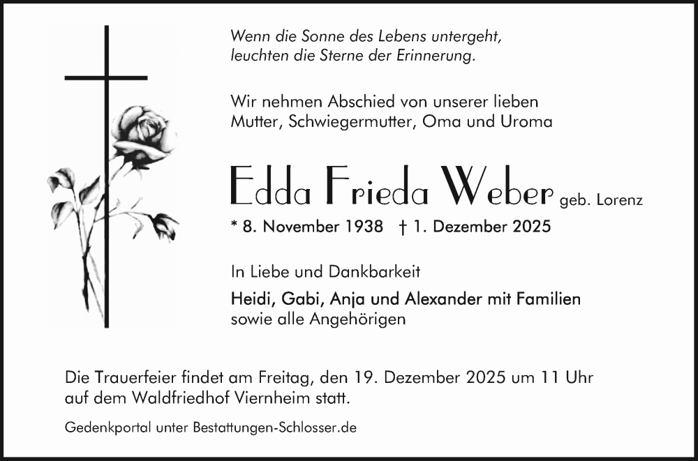  Traueranzeige für Edda Frieda Weber vom 13.12.2025 aus Mannheimer Morgen