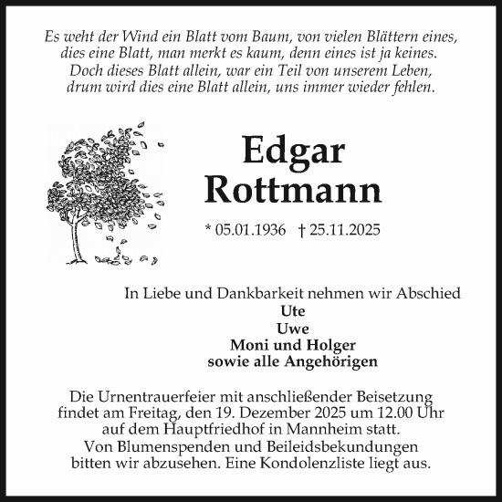 Traueranzeige von Edgar Rottmann von Mannheimer Morgen