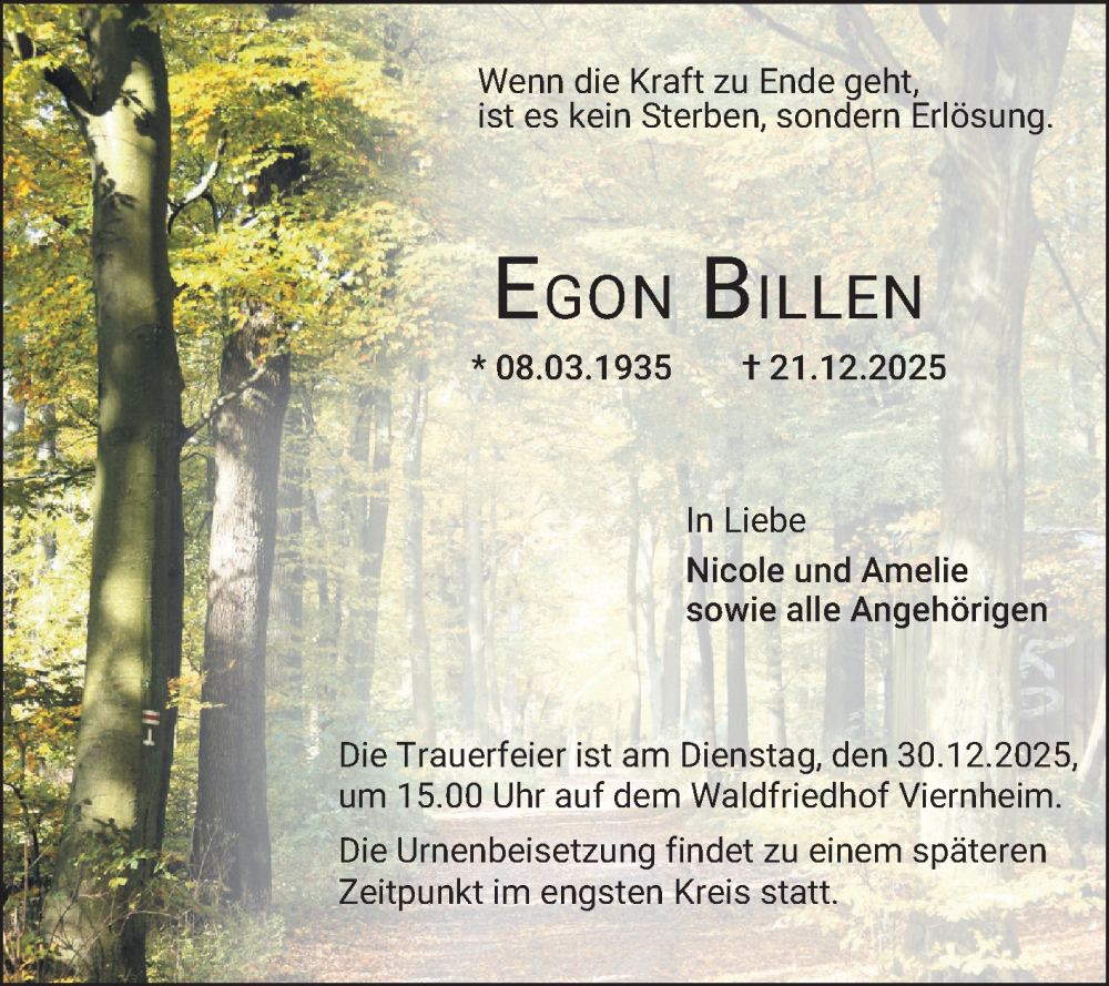  Traueranzeige für Egon Billen vom 24.12.2025 aus Mannheimer Morgen