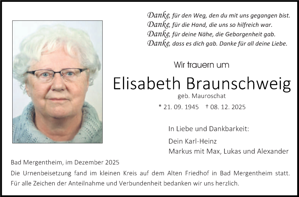  Traueranzeige für Elisabeth Braunschweig vom 19.12.2025 aus Fränkische Nachrichten