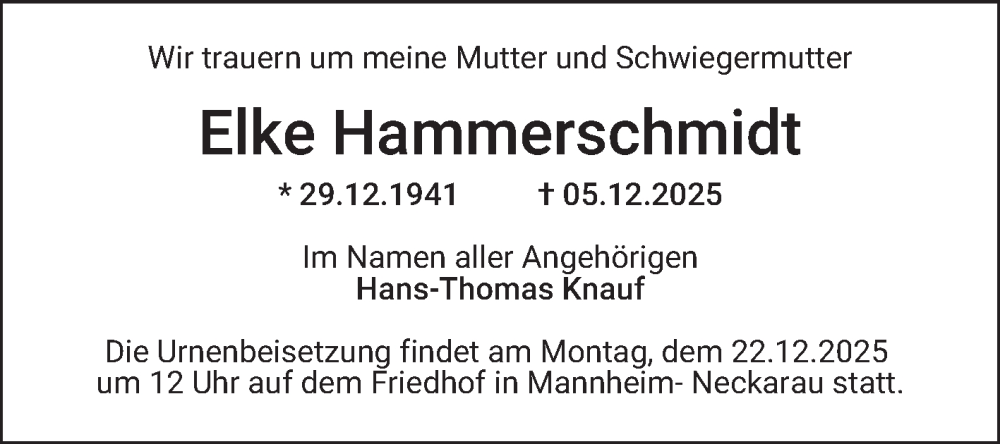  Traueranzeige für Elke Hammerschmidt vom 13.12.2025 aus Mannheimer Morgen