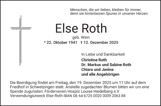 Traueranzeige von Else Roth von Schwetzinger Zeitung