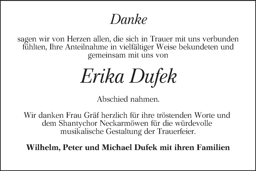 Traueranzeige für Erika Dufek vom 13.12.2025 aus Mannheimer Morgen