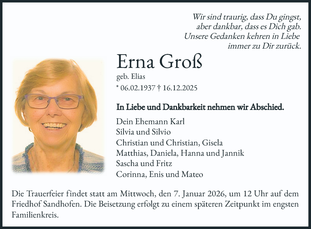  Traueranzeige für Erna Groß vom 27.12.2025 aus Mannheimer Morgen