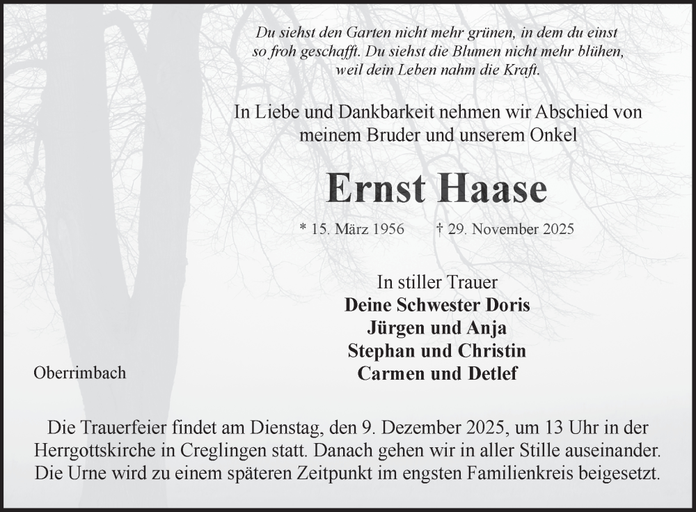  Traueranzeige für Ernst Haase vom 05.12.2025 aus Fränkische Nachrichten