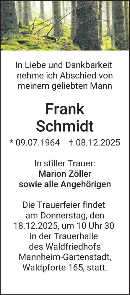  Traueranzeige für Frank Schmidt vom 13.12.2025 aus Mannheimer Morgen