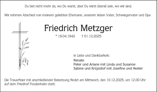 Traueranzeige von Friedrich Metzger von Mannheimer Morgen
