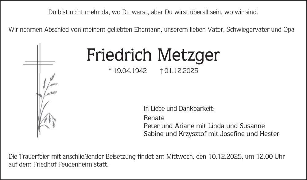  Traueranzeige für Friedrich Metzger vom 06.12.2025 aus Mannheimer Morgen