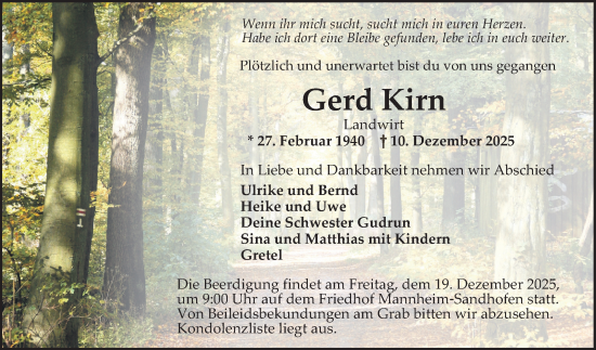 Traueranzeige von Gerd Kirn von Mannheimer Morgen