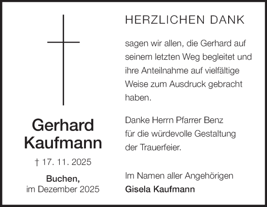 Traueranzeige von Gerhard Kaufmann von Fränkische Nachrichten