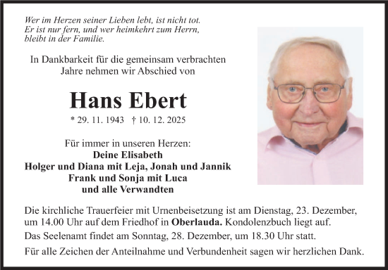 Traueranzeige von Hans Ebert von Fränkische Nachrichten