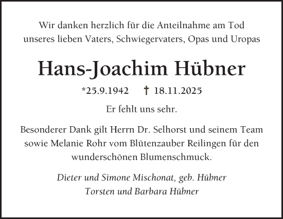 Traueranzeige von Hans-Joachim Hübner von Schwetzinger Zeitung