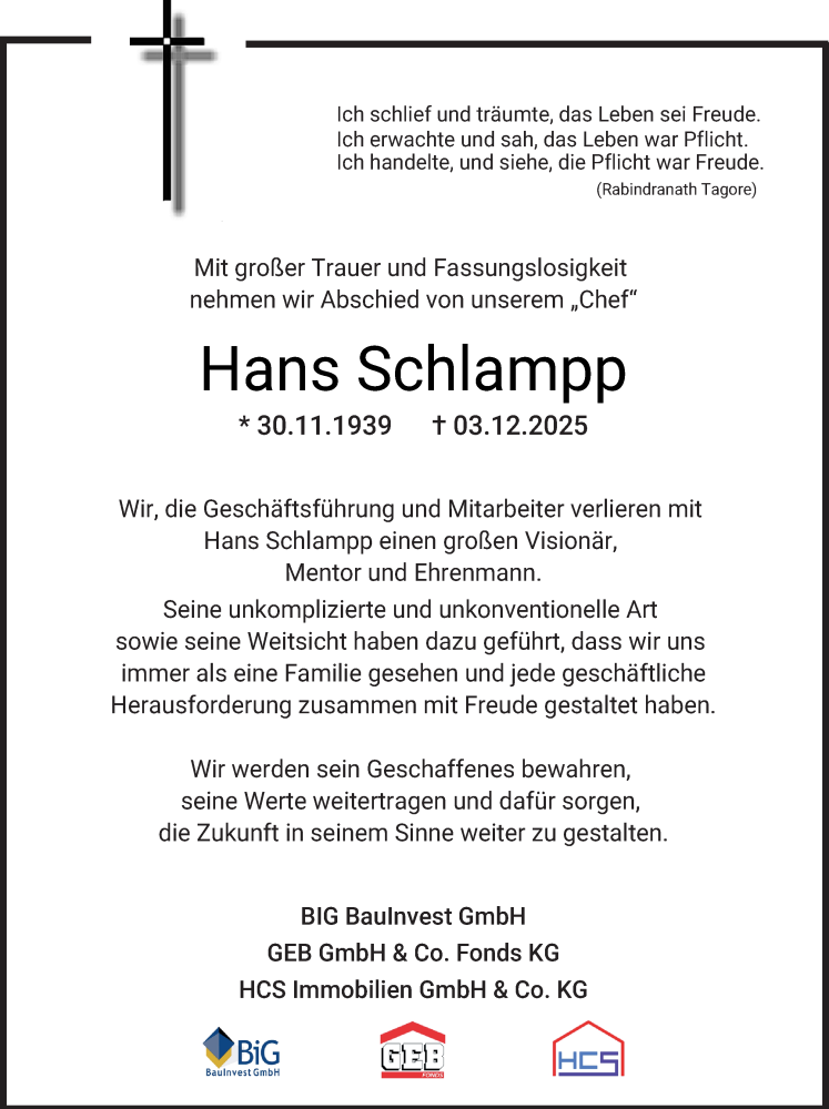  Traueranzeige für Hans Schlampp vom 13.12.2025 aus Schwetzinger Zeitung