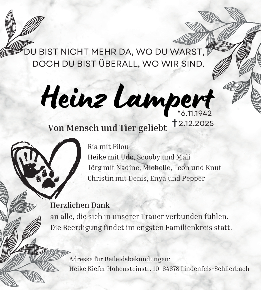  Traueranzeige für Heinz Lampert vom 06.12.2025 aus Bergsträßer Anzeiger