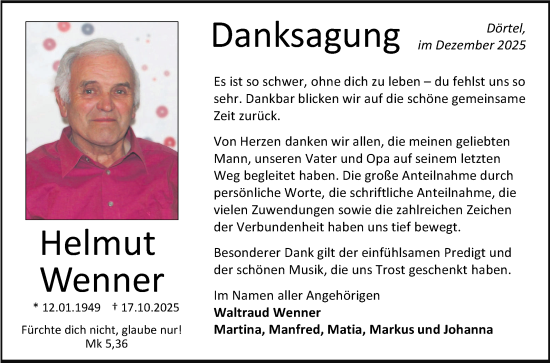 Traueranzeige von Helmut Wenner von Fränkische Nachrichten