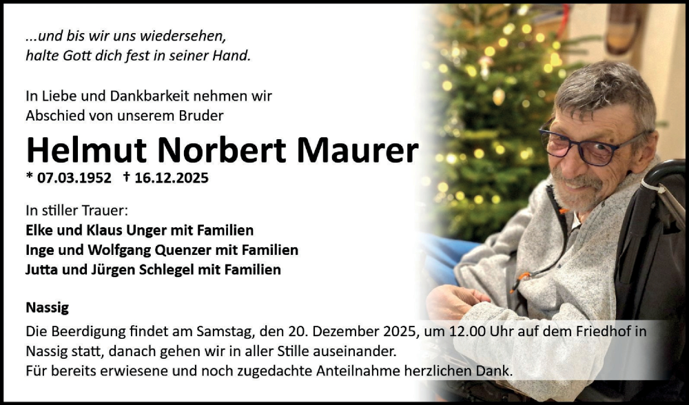 Traueranzeige für Helmut Norbert Maurer vom 19.12.2025 aus Fränkische Nachrichten