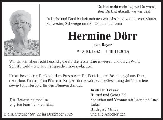 Traueranzeige von Hermine Dörr von Mannheimer Morgen