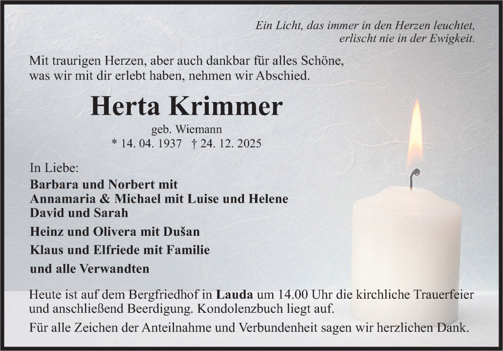  Traueranzeige für Herta Krimmer vom 30.12.2025 aus Fränkische Nachrichten