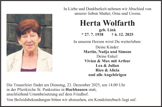 Traueranzeige von Herta Wolfarth von Fränkische Nachrichten