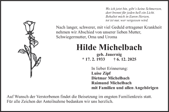 Traueranzeige von Hilde Michelbach von Fränkische Nachrichten