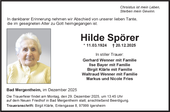 Traueranzeige von Hilde Spörer von Fränkische Nachrichten