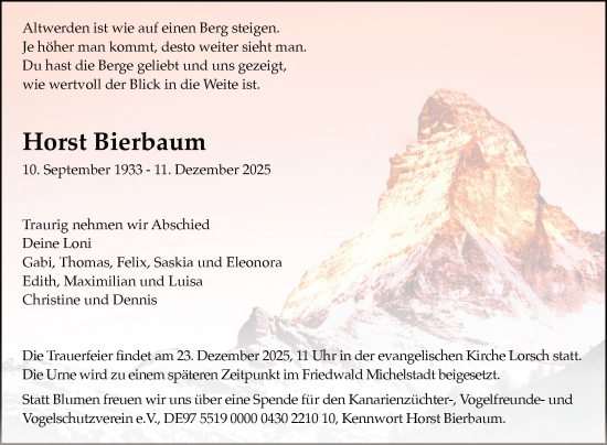 Traueranzeige von Horst Bierbaum von Bergsträßer Anzeiger