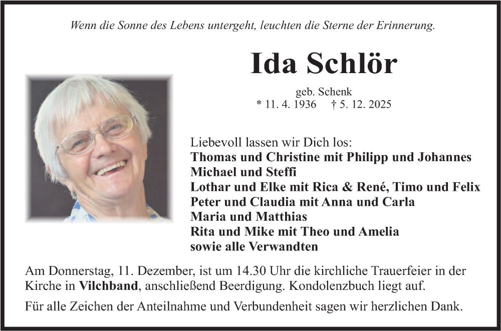  Traueranzeige für Ida Schlör vom 09.12.2025 aus Fränkische Nachrichten