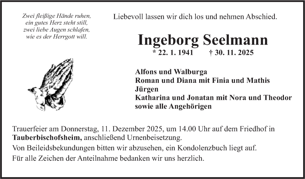  Traueranzeige für Ingeborg Seelmann vom 06.12.2025 aus Fränkische Nachrichten