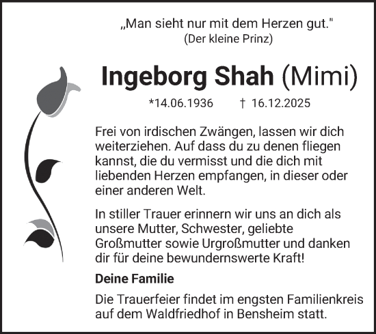 Traueranzeige von Ingeborg Shah von Bergsträßer Anzeiger