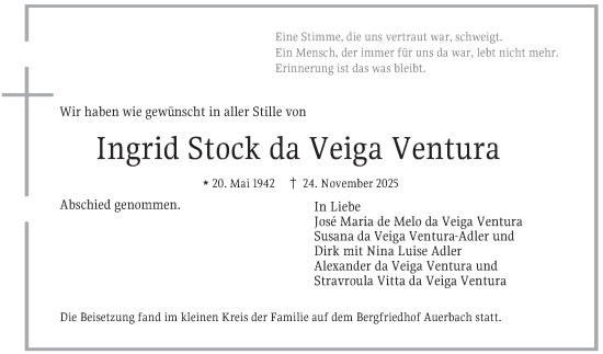 Traueranzeige von Ingrid Stock da Veiga Ventura von Bergsträßer Anzeiger