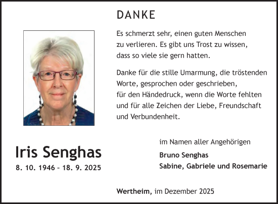 Traueranzeige von Iris Senghas von Fränkische Nachrichten