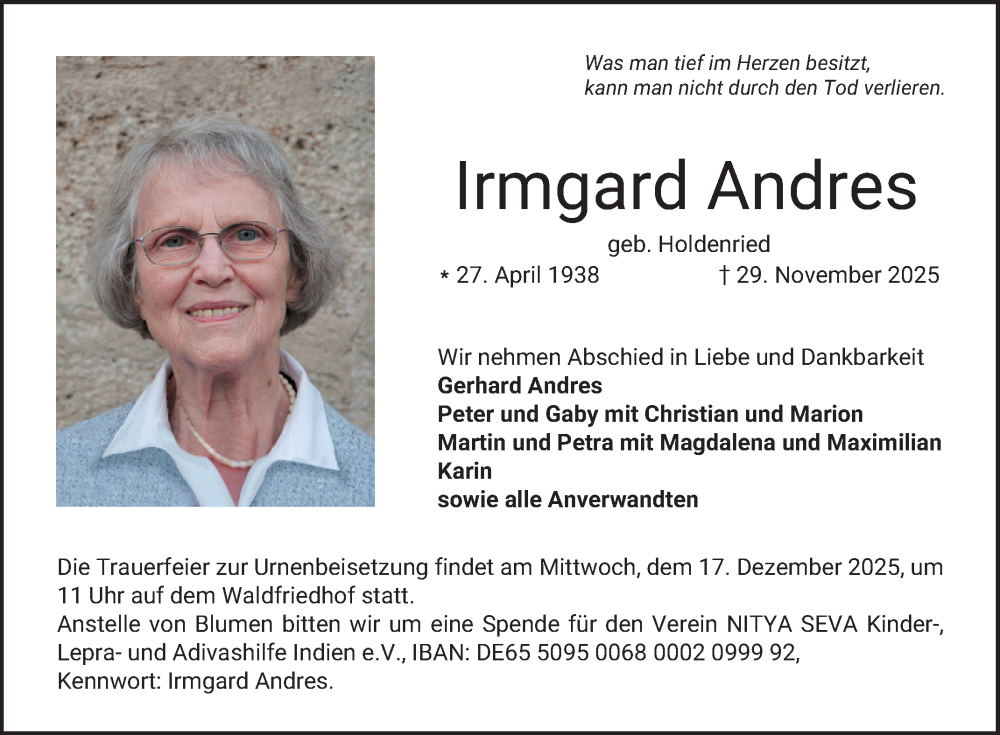  Traueranzeige für Irmgard Andres vom 13.12.2025 aus Bergsträßer Anzeiger