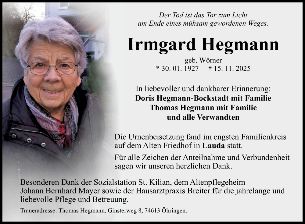  Traueranzeige für Irmgard Hegmann vom 12.12.2025 aus Fränkische Nachrichten