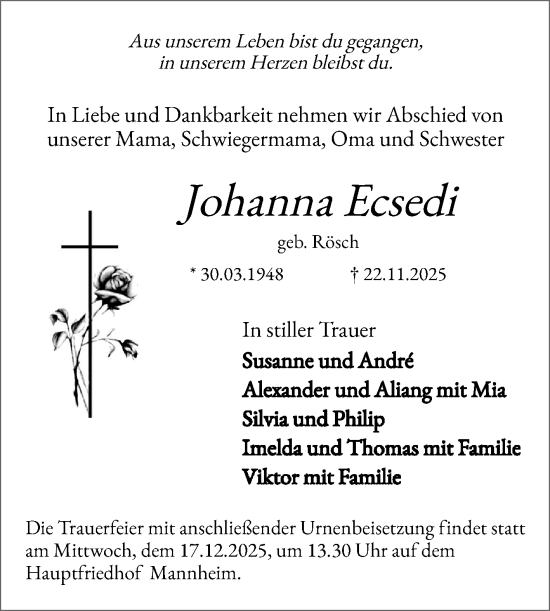 Traueranzeige von Johanna Ecsedi von Mannheimer Morgen