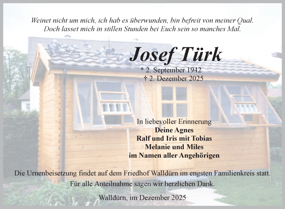  Traueranzeige für Josef Türk vom 09.12.2025 aus Fränkische Nachrichten