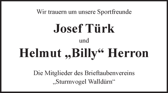 Traueranzeige von Josef Türk von Fränkische Nachrichten