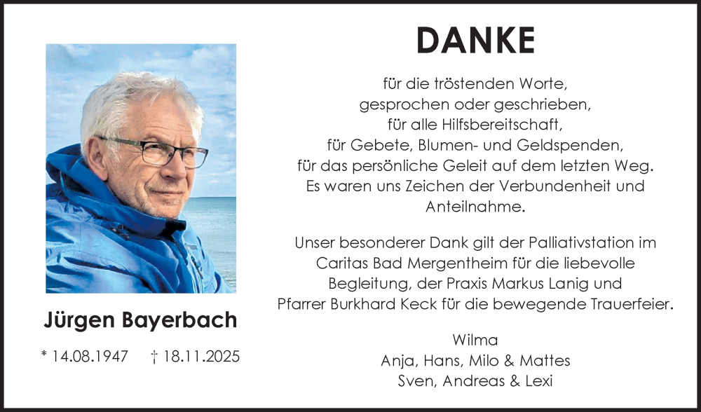  Traueranzeige für Jürgen Bayerbach vom 27.12.2025 aus Fränkische Nachrichten