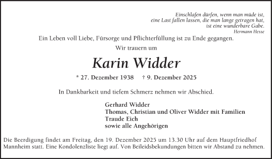 Traueranzeige von Karin Widder von Mannheimer Morgen