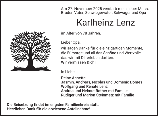 Traueranzeige von Karlheinz Lenz von Mannheimer Morgen